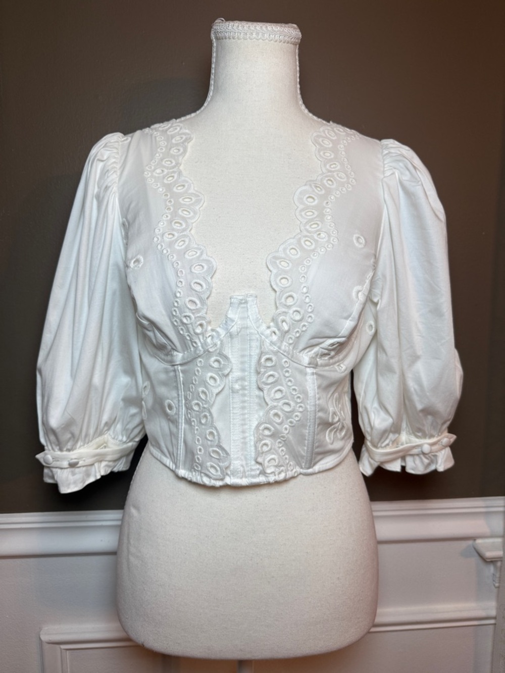 For Love & Lemons Serena Eyelet Corset Top White Cotton S - Picture 3 of 14
